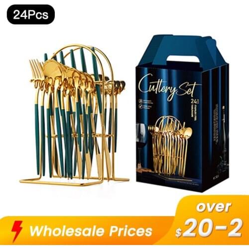 Stainless Steel Green Gold 24Pieces Cutlery Set Steak Knife Fork Coffee Dessert Spoon With Luxury Storage Rack Dinnerware Set
