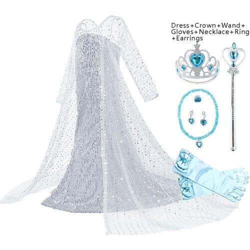 New Elsa Dress for Girls Kids Snow Queen 2 Elza White Carnival Princess Costume Wig Childrens Birthday Party Clothes Accessory