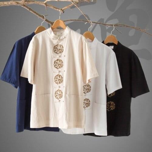 New Arrivals High Quality Short Sleeve Summer Cotton Linen Shirt Traditional Chinese Kong Fu Wushu Uniform Shirt