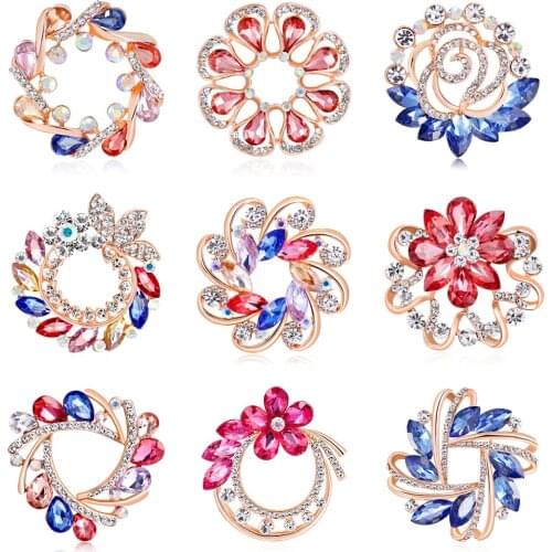 Rhinestone Crystal Colorful Plated Flower Brooches for Women Men Wedding Bridal Party Bouquet Brooch Pin Scarf Jewelry AH158