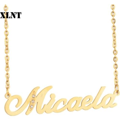 XLNT Micaela Name Necklace Personalized Custom Name Necklace Pendant Gold Color Customized Nameplate Necklace for Women men Gift