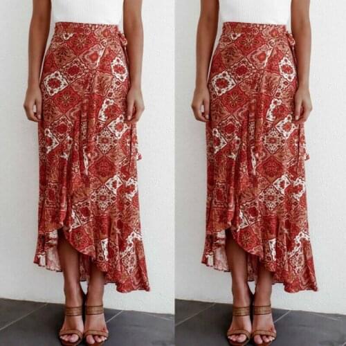 Women Sexy Boho High Split Long Maxi Skirt Fashion Summer Holiday Floral Printed Ruffles Skirts Beach Skirt Dance Vintage Skirts