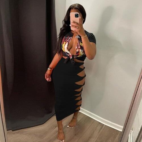 2021 European and American Ladies Fashion Casual Tight Skirt Sexy Hollow Summer New Solid Color Skirt