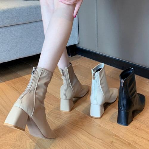 Shoes Woman Fleece-Lined Boots Womens Chunky-Heel Autumn Winter Ankle Boots Mid-Heel Martin Boots Square Head Stretch-Luxury