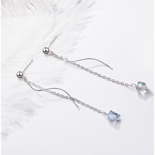 Sole Memory Wavy Tassel Ear Line Long Square Crystal Simple 925 Sterling Silver Fashion Female Dangle Earrings SEA406