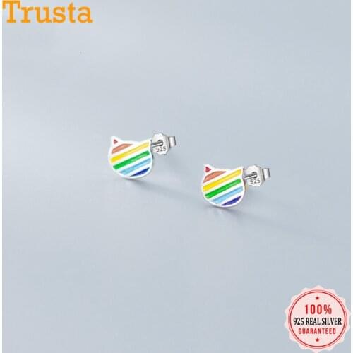 Trusta Genuine 925 Sterling Silver Cute Rainbow Cute Cat Head Stud Earrings For Women Daughter Girls Wedding Jewelry Gift DS1877