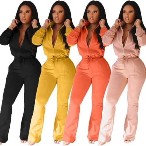 Women Two Piece Set Zipper Up Jacket Flare Trousers Sport Outfits Overalls Joggers Matching Set Wholesale Dropshpping Hot Sale
