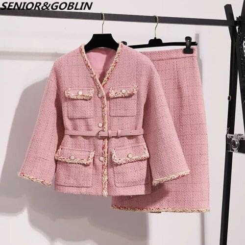 Fashion Women Tweed 2 Piece Set Fall Winter Pink Plaid Fashion Pockets Jacket Coat+High Waist Long Skirt Busines Set With Belt