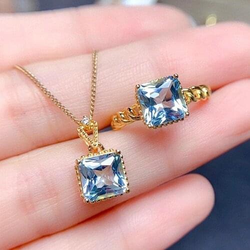 Concise Square Blue Crystal Aquamarine Zircon Diamonds Gemstones Pendant Necklaces Rings 18k Gold Color Jewelry Sets for Women
