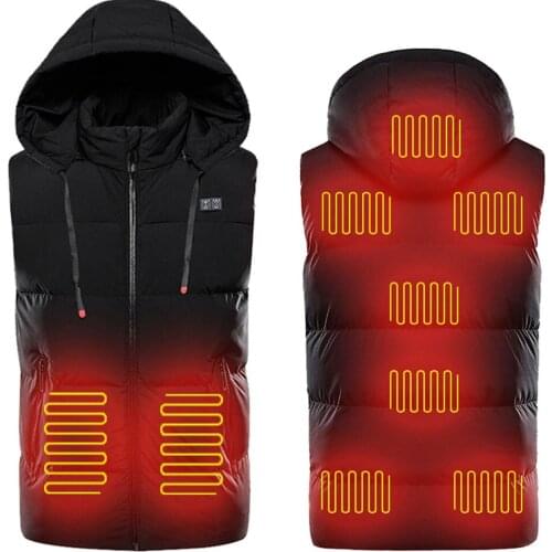 9 Areas Heated Jackets Intelligent Temperature Control Fever Keep Warm Cotton Waistcoat With Hood Outdoor Winter Warm Clothing