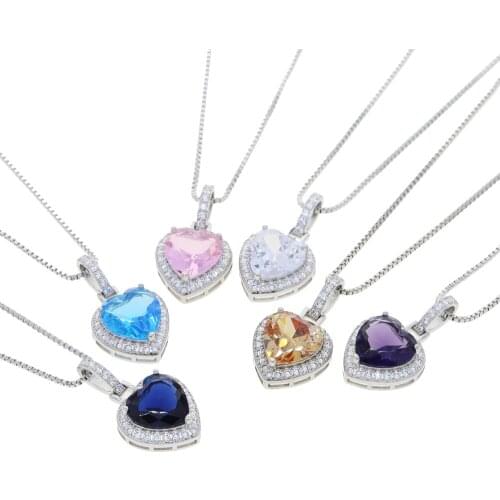 15mm Big Heart Sapphires pink white purple blue cz heart Pendant Charm necklace with box chain For Women Bridal Jewelry Gift