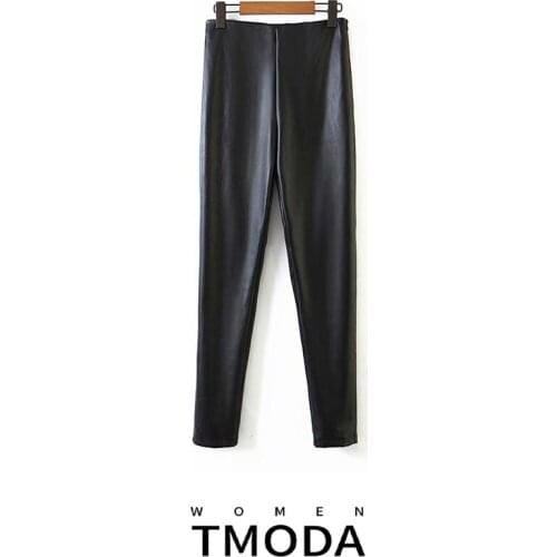 TMODA191 Women Chic Fashion PU Faux Leather Skinny Pants Vintage High Waist Side Zipper Stretchy Slim Female Ankle Trousers
