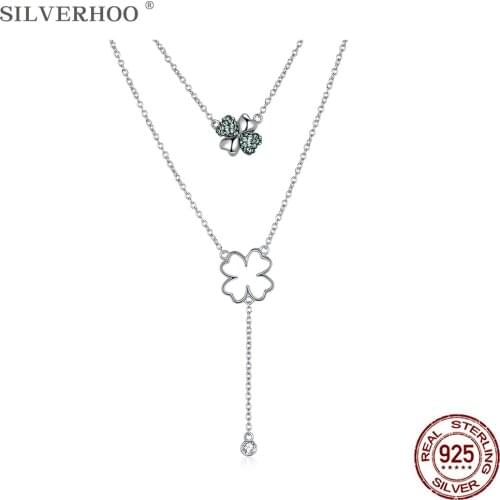 SILVERHOO 925 Sterling Silver Long Chains Necklace For Women Romantic Heart & Flower Stackable Double Pendant Necklaces Jewelry