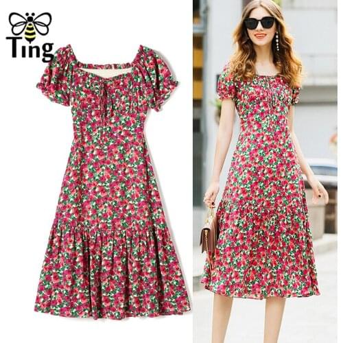 Tingfly Bohemian Floral Midi Ruffles Long Dress Ruched Collar Chic Streetwear Casual Summer Vestidos Robes Vetement Plus