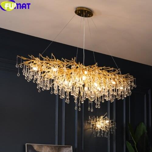 FUMAT Crystal Rain Pendant Lamp Modern Style Water Drop Hanging Light Fixture Plating Luxurous Tree Branch Chandeliers Lighting