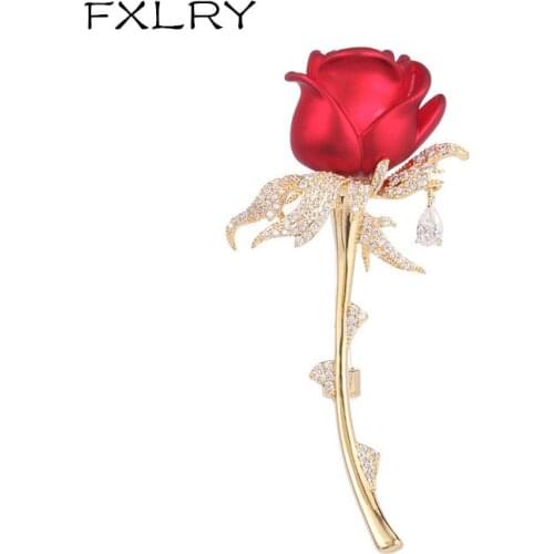 FXLRY Elegant Inlaid Zircon Vintage Red Rose Brooch Suit Corsage Brooch Sweater Cardigan Accessories