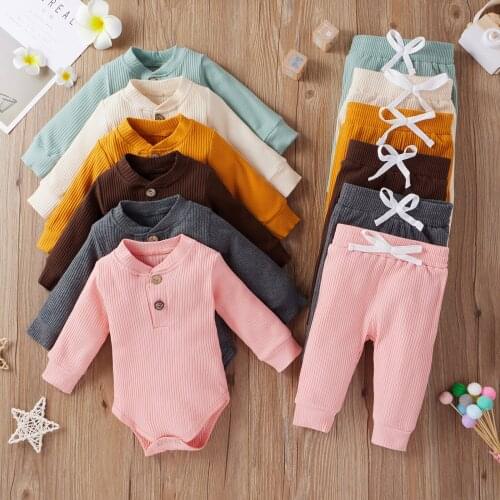 Newborn Baby Girls Boys Clothes Solid Ribbed Bodysuits + Pants Set Baby Outfits Fall Childrens Clothing 3 6 12 18 24 Months