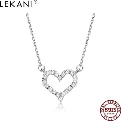 LEKANI Genuine 925 Sterling Silver Necklaces For Women Shiny 5A Cubic Zirconia Cute Heart Necklace Pendants Silver 925 Jewelry