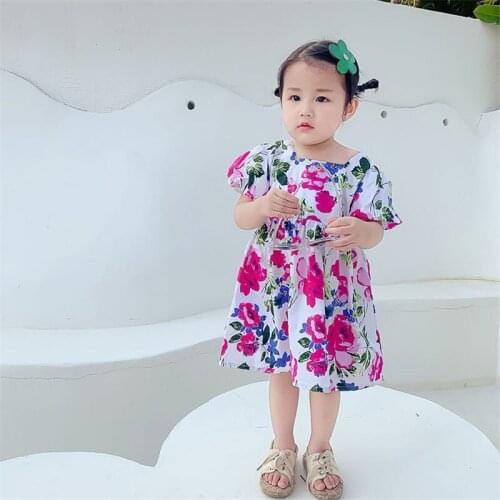 Summer Baby Girls Dress Fashion Flower Print Short Sleeve Princess Dress High Quality Kids Clothing 2 3 4 5 6 Years Child Dress