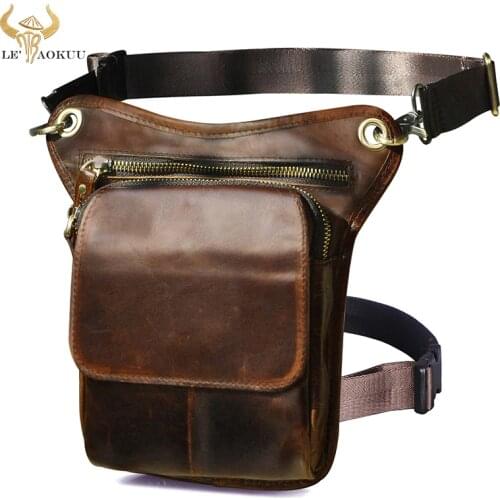 Soft Natural Leather Men Design Small Messenger Sling Bag Multifunction Fashion Fanny Waist Belt Pack Leg Drop Bag Pouch 211-1