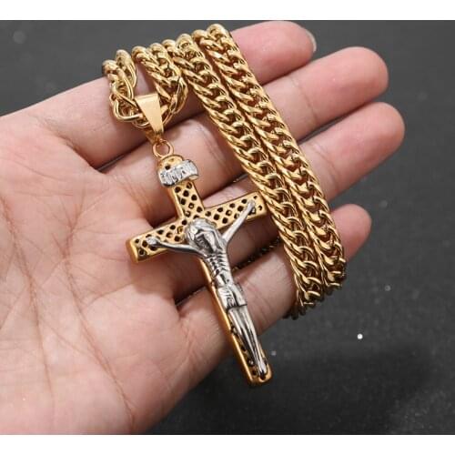 Mens Stainless Steel Gold Tone Pendant Necklace Jesus Christ Crucifix Cross with 24 Inch Chain 63mm*35mm