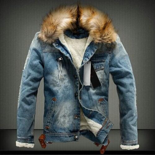 Autumn Mens Denim Jackets Oversized Slim Fur Collar Thick Warm Coat Men Winter Coats Velvet Overcoat Male Jean Jacket Outwear