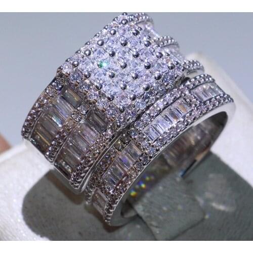 Size 5-10 Retro Fashion Jewelry 925 Sterling Silver Couple Rings Princess Cut White Full CZ Party Women Wedding Bridal Ring Set