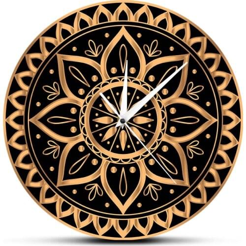 Luxury Gold Black Mandala Ethnic Royal Pattern Vintage Clock Wall Watch Indian Sun Design Yoga Studio Mute Non Ticking Horologe