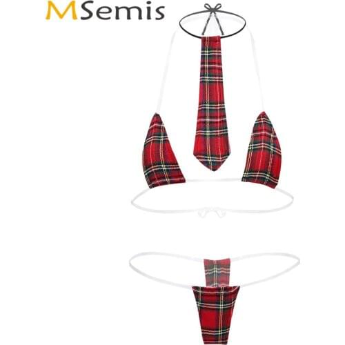 Sexy Schoolgirl Cosplay Lingerie Women Adult Plaid School Uniform Erotic Roleplay Bikini Set Mini Triangle Bra G-string with Tie