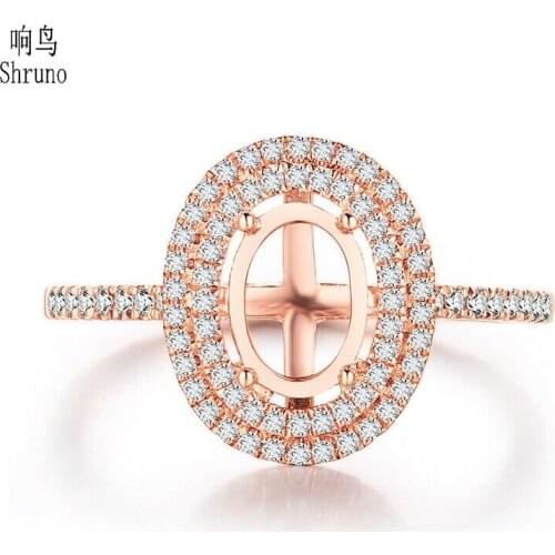 Shruno Oval 7x5mm Solid 14K Rose Gold Double Halo Natural Diamonds Trendy Gorgeous Ring Women Diamond Semi Mount Engagement Ring