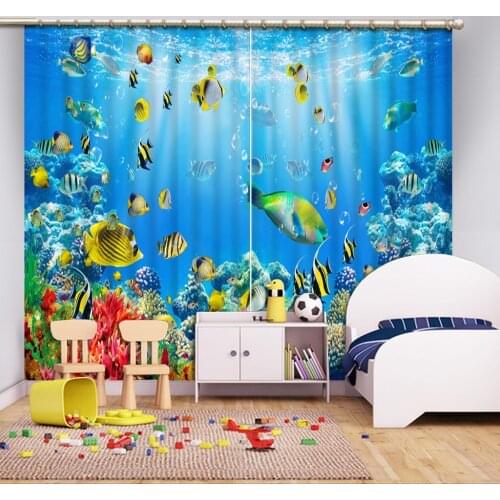 Modern Striped Window Sea World Coral Fish 3d Curtains For Living Room Bedroom Kids Blackout Curtains