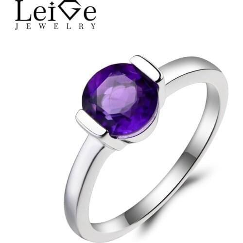 Leige Jewelry Engagement Ring Natural Amethyst Ring Round Cut Purple Gemstone 925 Sterling Silver February Birthstone Ring Gifts