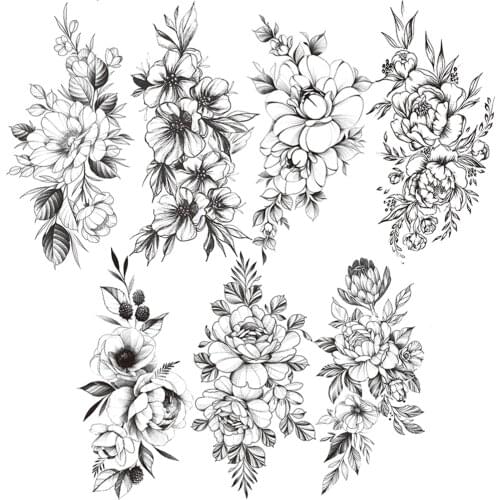 Flower Pattern Temporary Tattoo For Women Bloosom Black Camellia Tattoos Sticker Large Realistic Waterproof Leaf Arm Fake Tatoos