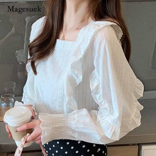 Autumn New Korean Ruffles Slim Womens Blouse Vintage Loose Flare Long Sleeve Square Collar White Shirt Ropa De Mujer 10695