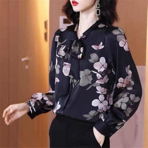 Women Floral Chiffon Spring Summer Shirts Long Sleeve Elegant Bow-Knot Ladies Blouses Fashion Loose Top Blusas MM1053