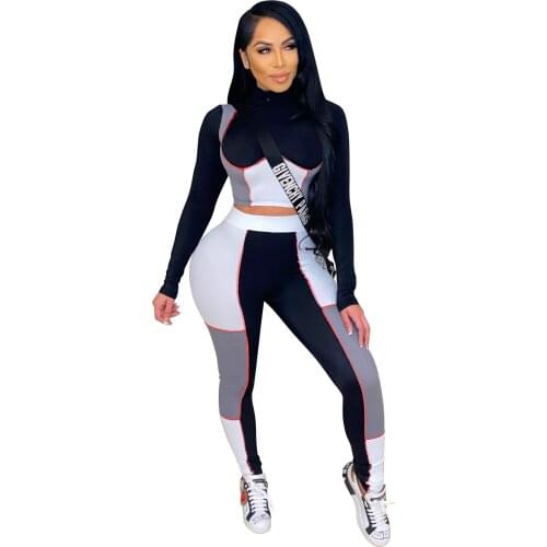 Casual Two Piece Set Women Color Patchwork Full Sleeve Shirt Crop Top + Long Pant Tracksuit Sportsuit Clothes For Women Outfit