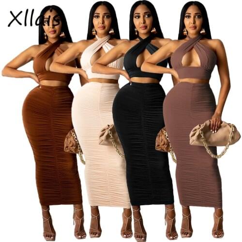 XLLAIS Knitting Cotton Material Dresses Two Piece Sets Women Sexy Halter Neck Tank Tops Ruched A-Line Skirts Matching Suits