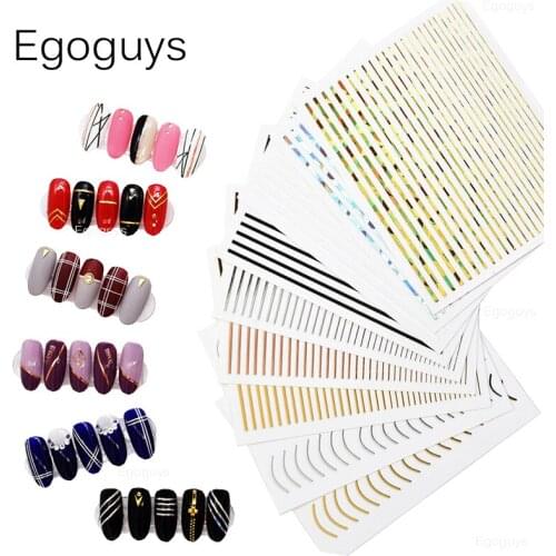 1PC Laser Gold Silver Rose 3D Metal DIY Nail Sticker Geometric Straight Chain Line Arc Tape Curved Wave Stripe Decoration Decals