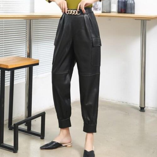 New Arrival Fashion Womens Real Leather Cargo Pants Autumn Winter Genuine leather casual pants C638