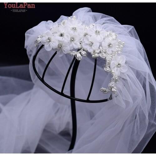 YouLaPan VS355 Flower and Rhinestone Pearls Trim Bridal Veil 1 Tier Medium Length Wedding Veil and Wedding Accessories
