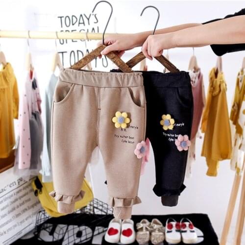 2020 Winter Baby Girls Velvet Flower Elastic Waist Thick Fleece Trousers Children Kids Pants Leggings