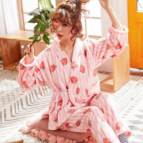 Women flannel robe ladies autumn and winter new thick long sleeve pants comfortable bathrobes warm women pajama sets pajama