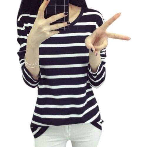 Stripped Cotton T shirt Women Fashion Long Sleeve Tshirt Elegant Ladies O-neck Casual Tops Tee Shirt Femme