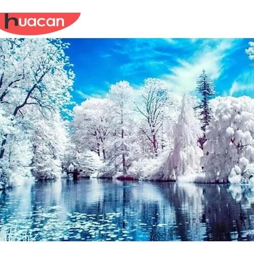 HUACAN Painting By Number Frame Snow Forest Handpainted Modern Wall Art Paint By Number For Adults Winter Scenery Home Decor