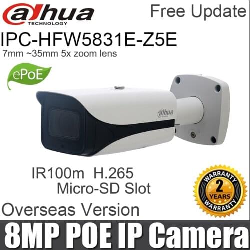 DAHUA 8MP IP Camera IPC-HFW5831E-Z5E 7mm ~35mm 5x zoom lens IP67 IK10 POE 100m IR Range Security Camera DH-IPC-HFW5831E-Z5E