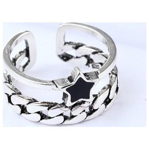 Retro Black Five-pointed Star Dripping Double-layer Chain 925 Sterling Silver Open Rings For Women Vintage Jewelry Anillos SR319