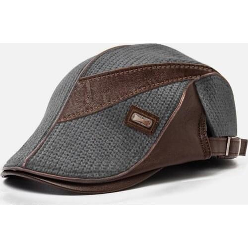 Top Level Men Knit Leather Patchwork Color Casual Personality Forward Hat Beret Hat Adjustable Hat High Quality Winter 2021