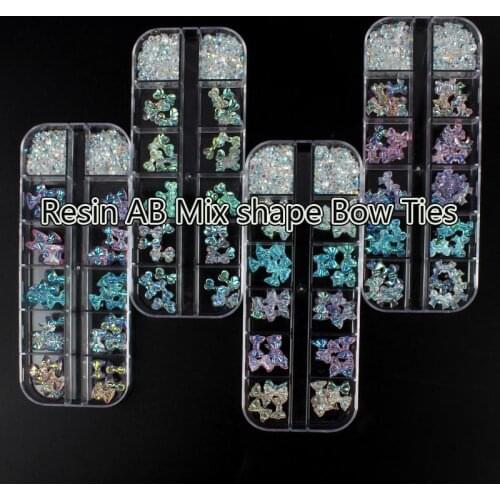 New 12 Grid Box Mix Color Shape 3D Resin Bow Ties Nails Art Aurora Rhinestone for Glitter DIY Manicure Accessories