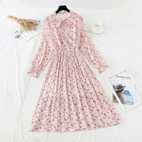 New Autumn Vintage Floral Print Women Dress Elastic waist Casual Long Sleeve Bow Chiffon Midi Dress elegant Party Vestidos