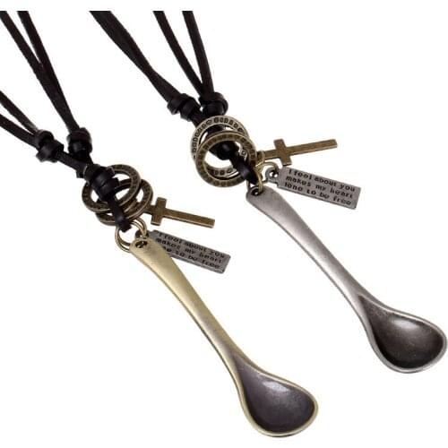 CIBOCIBO New Luxury Necklace Men Vintage Cross Leather Rope Chain Men Necklace Trendy High Quality Retro Necklace Spoon Collares